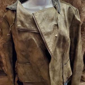 Maurices army green faux leather coat with hood